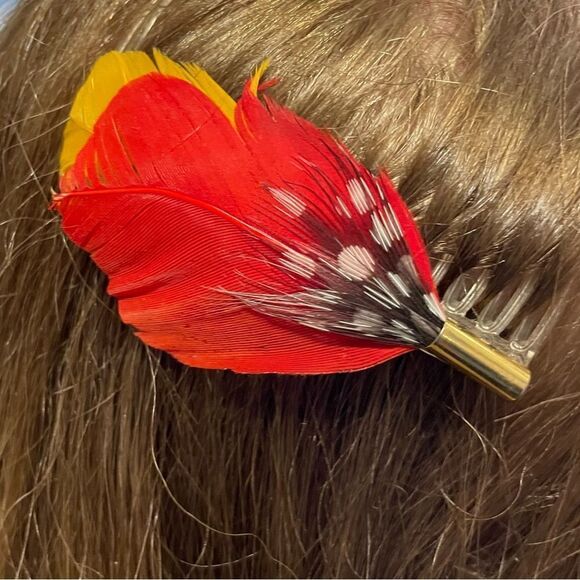 Vintage 1980s Feather Hair Comb Red Yellow Black White Polka Dot main image 9